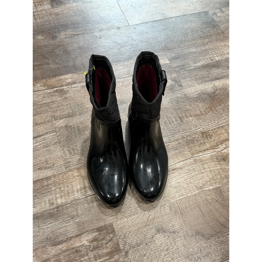 Tommy Hilfiger Womens Black Quilted Ankle Rain Boots Gold Logo Size 8